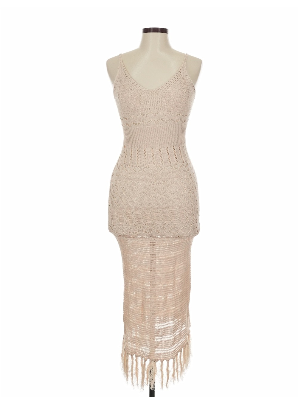 Vici Beige Crochet Maxi Dress with Fringe Hem